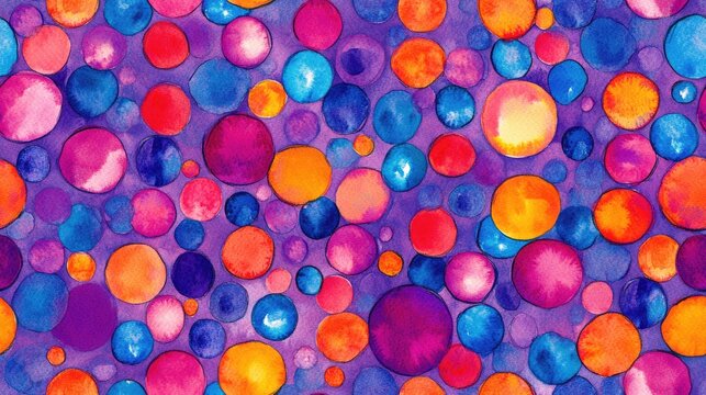 Watercolor abstract seamless pattern featuring hand drawn polka dots and vibrant circles ideal for textile design and home decor