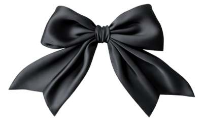 Elegant black ribbon bow with silky texture, isolated on transparent cutout background