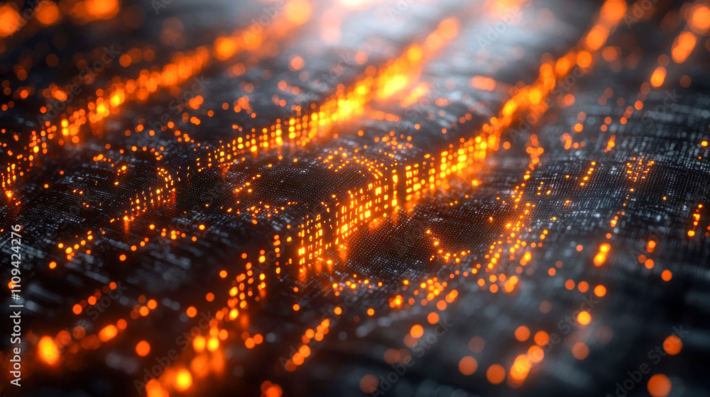 Poster illuminated digital financial data in warm orange tones, representing dynamic market activity and an