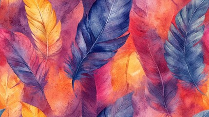 Colorful watercolor illustration of seamless bird feather patterns ideal for textile design and artistic projects