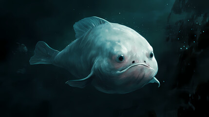 Fototapeta premium A gelatinous blobfish with soft, pinkish-brown skin and a perpetually sad face swims slowly through the dark, mysterious depths of the ocean's abyssal zone. Abyssal. Illustration