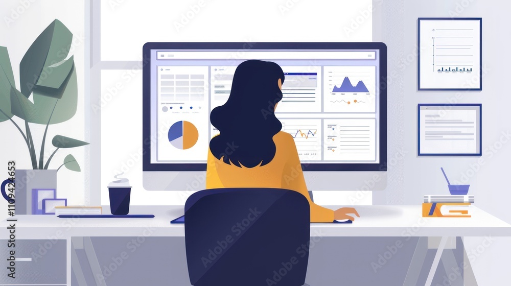 Poster woman working from home, analyzing data on a large computer screen.