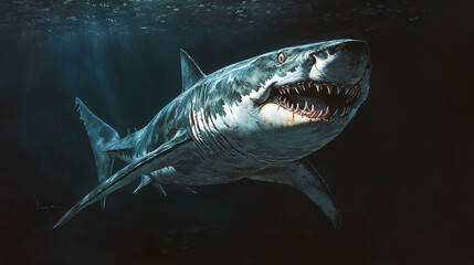 Naklejka premium A livyatan melvillei silently stalks its unsuspecting prey through the shadowy, abyssal depths, its keen senses and formidable jaws poised to strike. Abyssal. Illustration