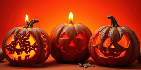 Fototapeta premium Three glowing jack-o'-lanterns with intricate carvings illuminate a dark orange backdrop. They cast an eerie light, their carved smiles hinting at the playful spirit of Halloween.