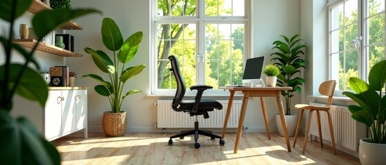Ergonomic Home Office Chair, Productivity, Natural Light, Plants, Workspace, Modern Design