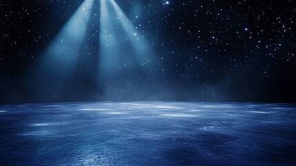 Obraz premium Blue beams light up an icy surface against a dark background, scattering tiny star-like specks in a mesmerizing and ethereal display.