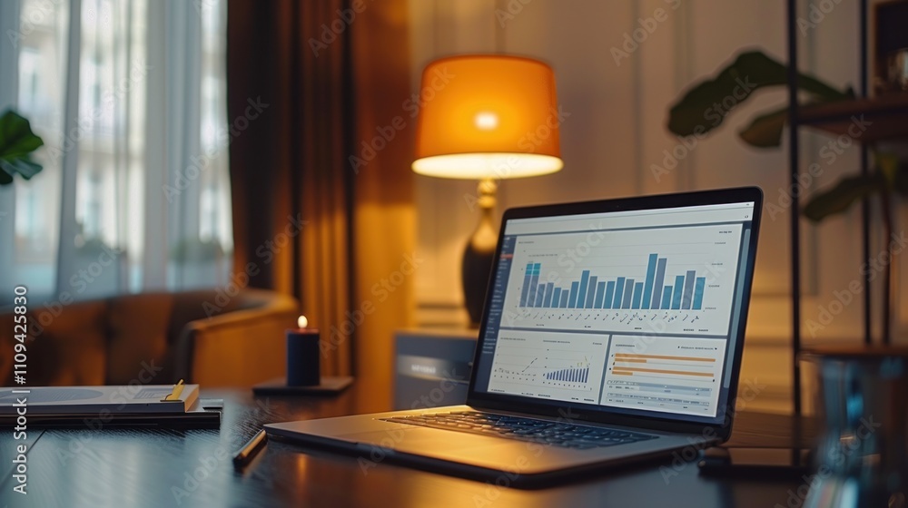 Poster laptop displaying data graphs on a desk at night.