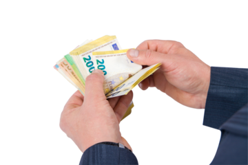man with euro banknote in his hand