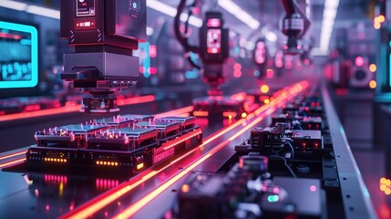 Obraz premium Automated robotic assembly line manufacturing computer components.