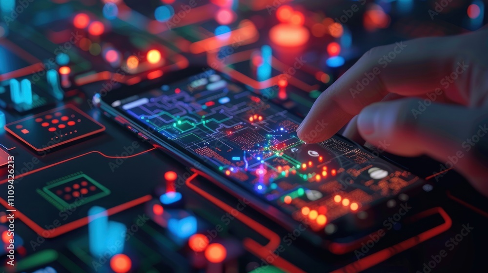 Aufkleber hand using futuristic smartphone with glowing interface.