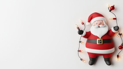 Fototapeta premium 3d santa in Christmas concepts. Festive Santa Claus figurine holding lights on a white background.