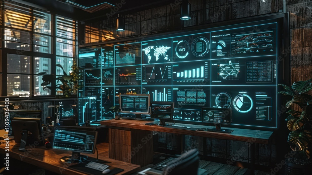 Poster futuristic control room with large digital displays showing various data.