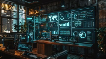 Obraz premium Futuristic control room with large digital displays showing various data.