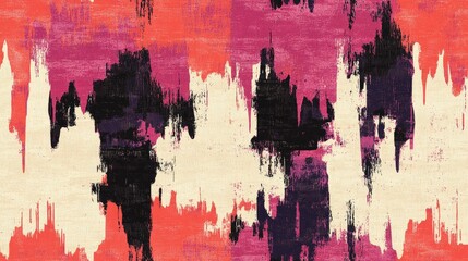 Seamless ikat pattern featuring light magenta and red smudges contrasted with black elements perfect for graphic rug decor and vibrant textile design