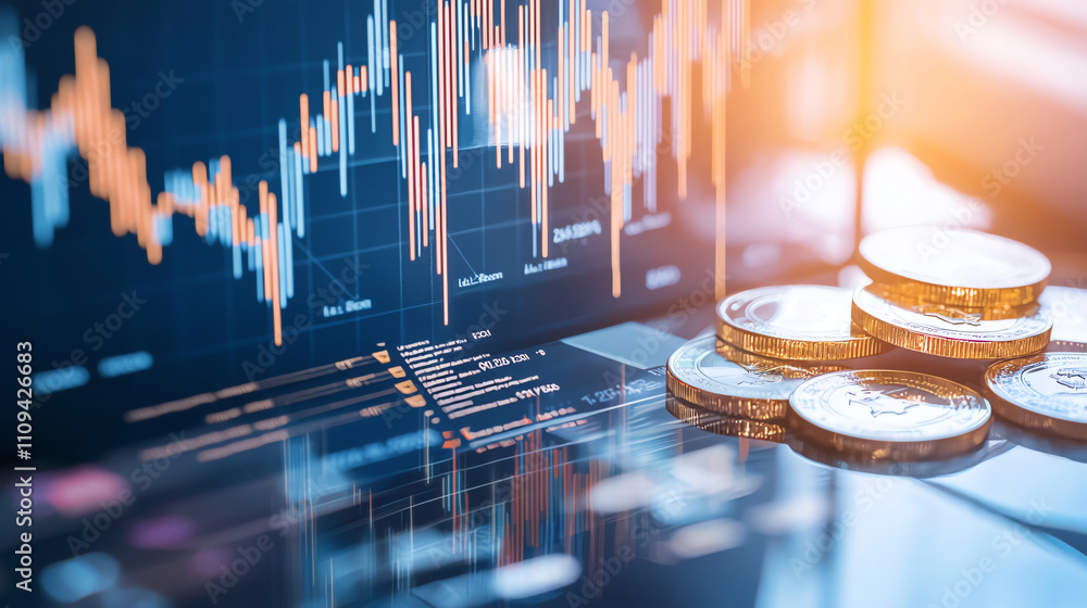 Poster dynamic stock market analysis image showcasing digital graphs and coins