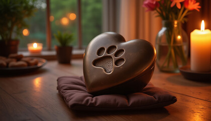 Heart-shaped bronze dog urn with paw print on satin cushion