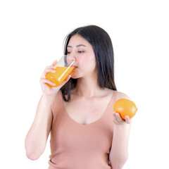 Beautiful beauty woman Asian cute girl feel happy drinking orange juice for good health in the morning , enjoying time isolated on a transparent background - lifestyle beauty woman concept