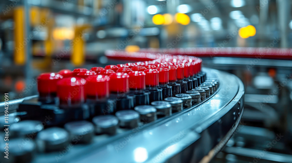 Poster production line with red bottles on a conveyor in a factory setting, showcasing automation