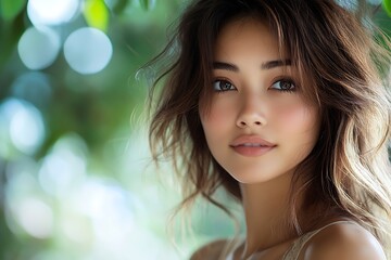 Fototapeta premium Sunlit Girl Outdoor Portrait Dreamy Long Hair, Clear Complexion