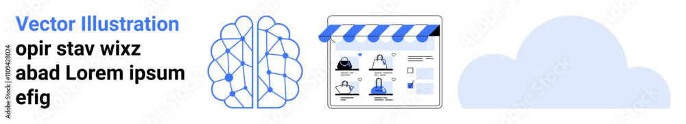 Poster brain network diagram connected to digital nodes, online store interface with user icons, and cloud 