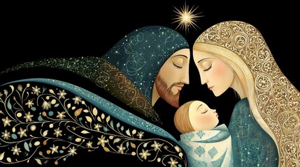 The Holy Family with intricate patterns and golden elements on a dark background
