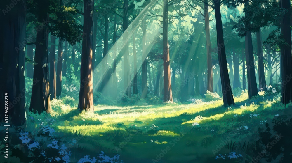 Poster sunbeams illuminate a lush green forest floor, dappled light filtering through tall trees.