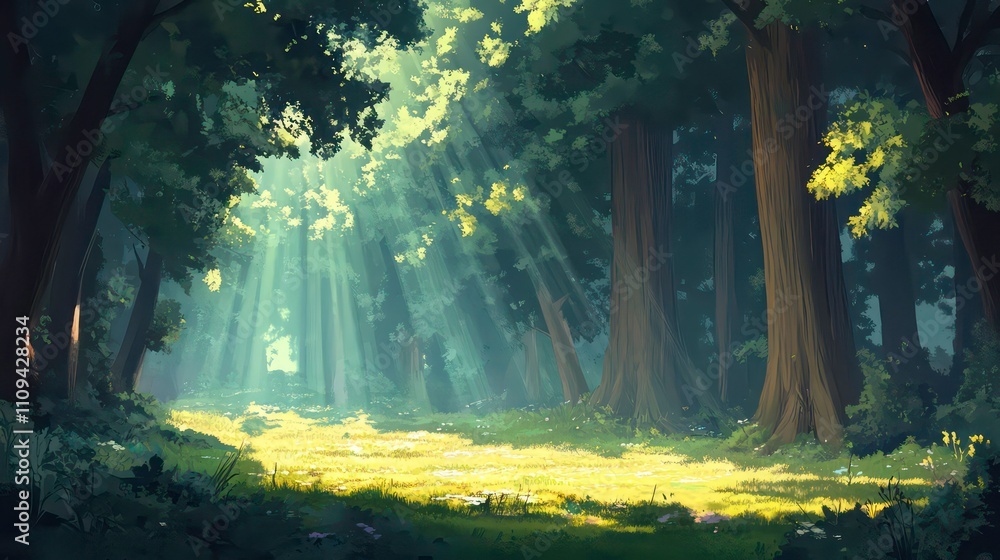 Poster sunbeams illuminate a mystical forest path, dappled light on green grass, tall trees create a canopy