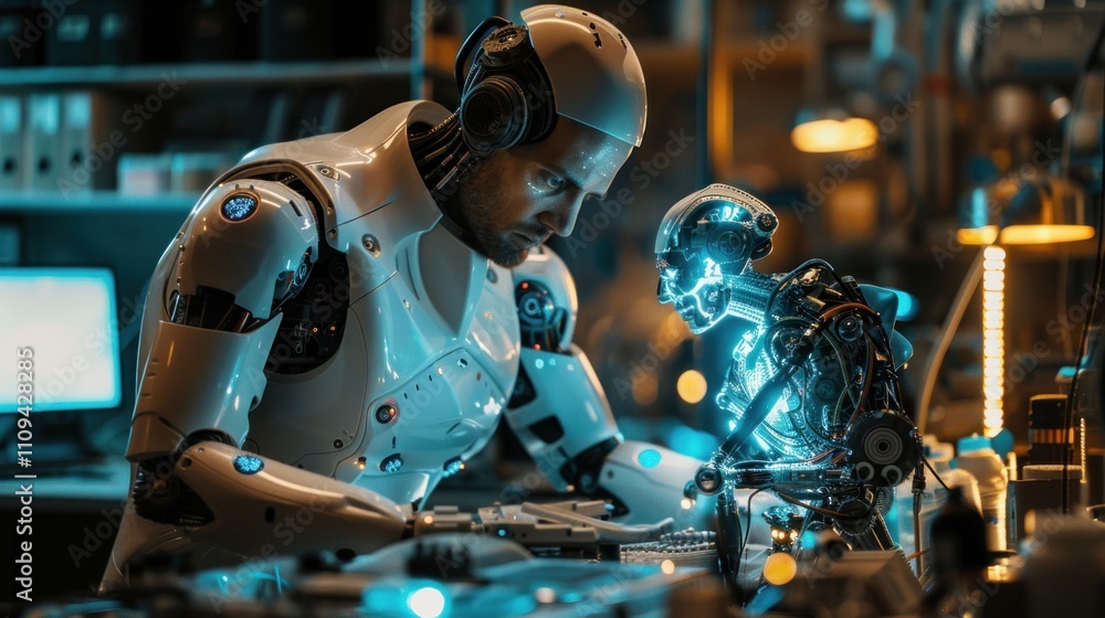 Poster humanoid robot repairing another robot in a workshop.