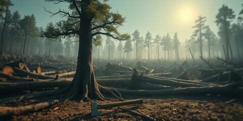 Obraz premium A lone tree stands tall amidst a clearing of felled trees, an axe lying forgotten on the forest floor, a somber reminder of the forest's lost glory.