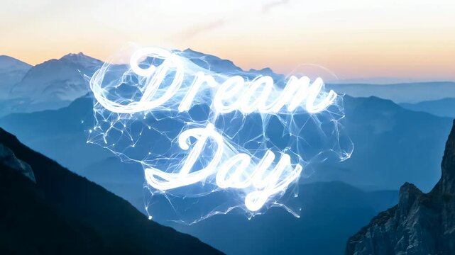 A mountain range with a blue sky and the words "dream day" written in white. The letters are in a wavy, glowing font