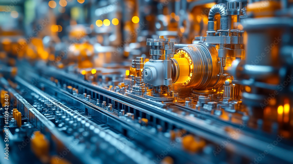 Aufkleber close-up of intricate machinery and pipelines with glowing components in a modern industrial setup