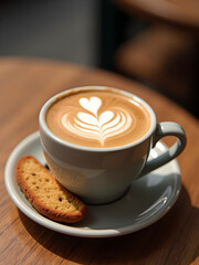A traditional cappuccino with latte art in a ceramic mug, served with biscotti on the side, placed on a rustic wooden café table. Generative AI artwork.