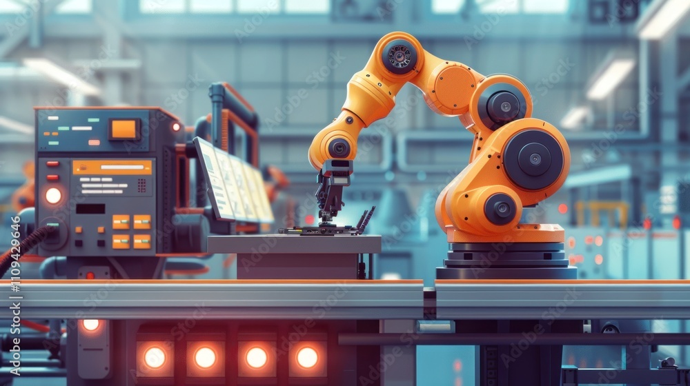 Poster orange robotic arm assembling parts on a factory assembly line.