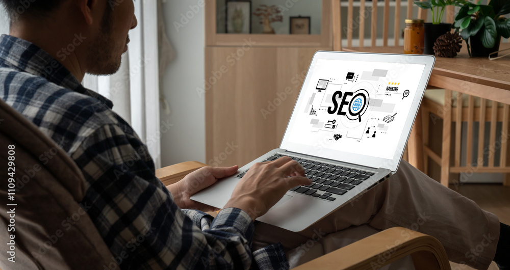 Aufkleber seo search engine optimization for modish e-commerce and online retail business showing on computer 