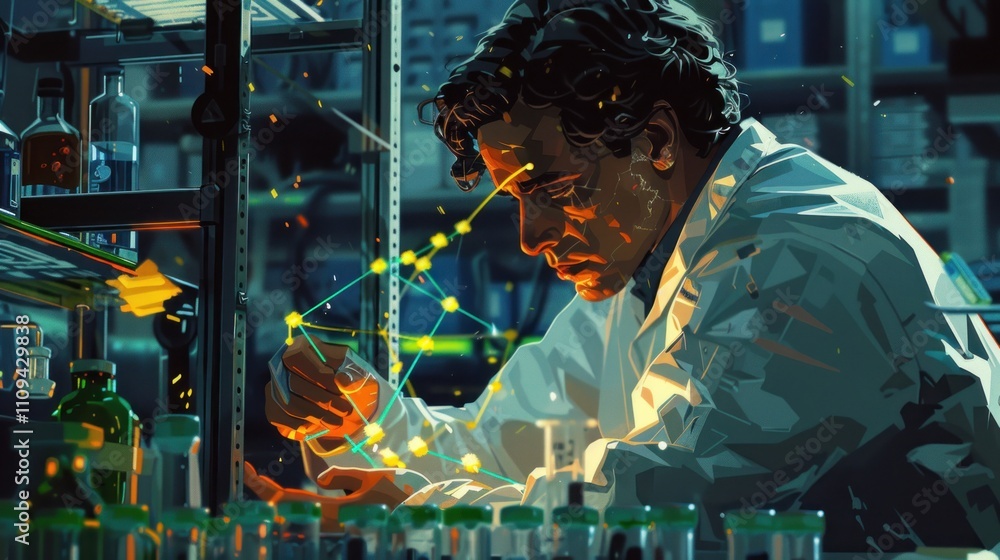 Aufkleber scientist studying a glowing molecular structure in a lab.