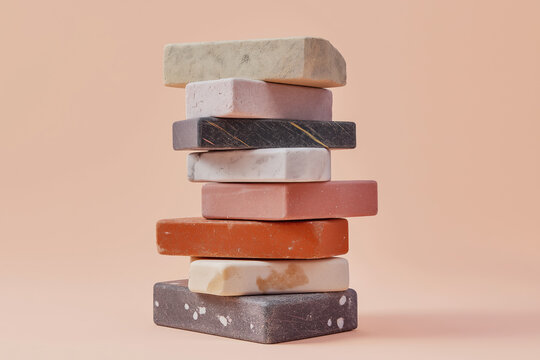 Stacked Geometric Blocks of Marble and Colored Stone Against a Peach Background