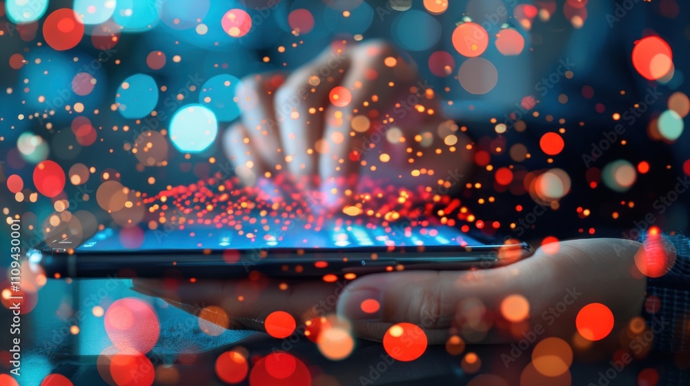 Poster hands using a smartphone, glowing data streams.