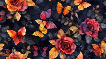 Vintage watercolour roses intertwined with delicate butterflies in a timeless seamless pattern perfect for fabric design and home decor