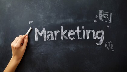 Hand holding white chalk writing the word 'Marketing' on a black surface, symbolizing creativity and ideas in action. Quotes in Business.