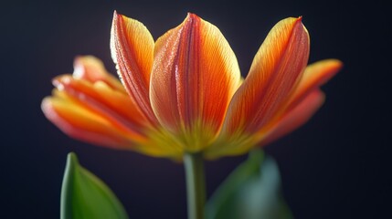 Fototapeta premium Close-up of a vibrant orange tulip against a dark background.