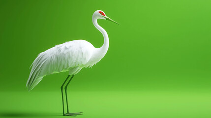 Fototapeta premium Elegant White Crane Standing Gracefully Against Vibrant Green Background