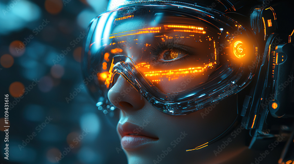 Aufkleber futuristic female figure in advanced goggles showcasing digital interface in a high-tech environment