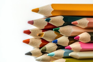 Close-up of colorful sharpened pencils arranged in a stack against a white background.