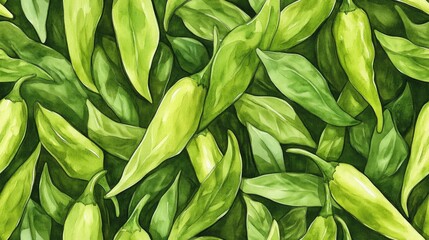 Obraz premium Seamless pattern of vibrant green chili hot peppers in watercolor perfect for culinary designs and food packaging