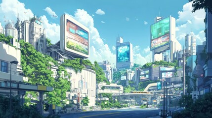 Obraz premium Futuristic city landscape with lush greenery integrated into architecture, showcasing advanced technology and urban design.