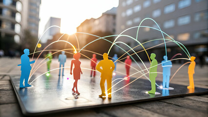 Colorful figures connected by lines illustrating social media networksDynamic Network of Colorful Figures Connected by Glowing Lines Representing Social Media Interactions