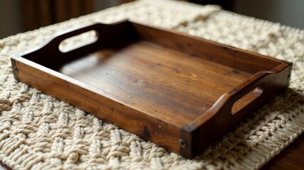 Fototapeta premium Handmade Wooden Tray with Brass Handles on Beige Knitted Tablecloth