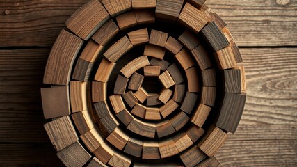 Fototapeta premium A circular arrangement of wooden blocks creating a spiral pattern, showcasing the natural beauty of wood grain textures.
