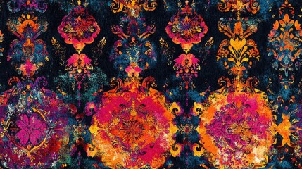 Seamless pattern featuring patina watercolor style artwork with a black ethnic background ideal for modern textile designs