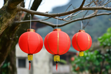 Red lanterns hanging on tree branch, symbolizing celebration and joy